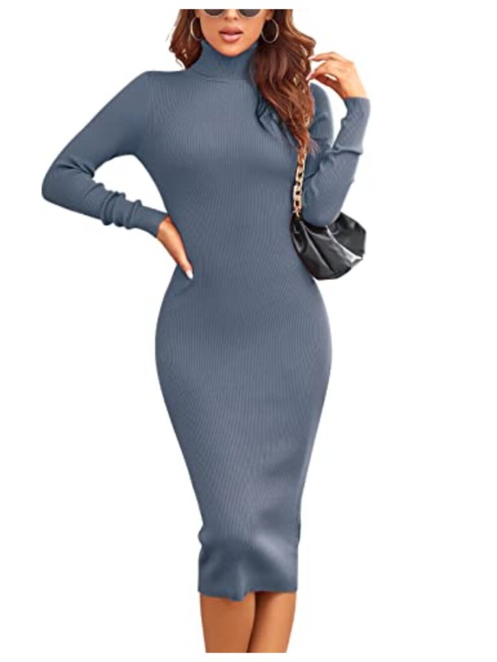 Womens Midi Turtleneck Bodycon Dress Slim Fit Long Sleeve Stretchy Knit